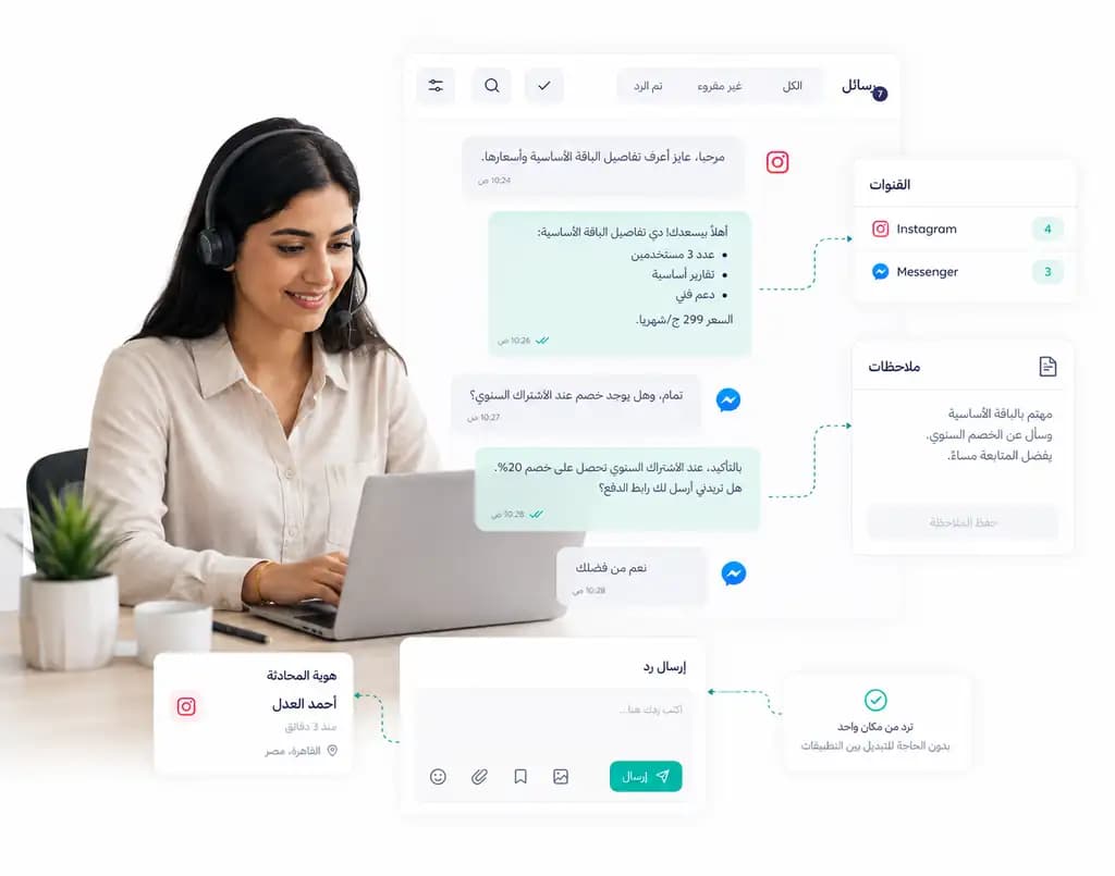 محادثة إنستجرام وماسنجر داخل Taloo مع لوحة الرد والملاحظات وعدد رسائل كل قناة
